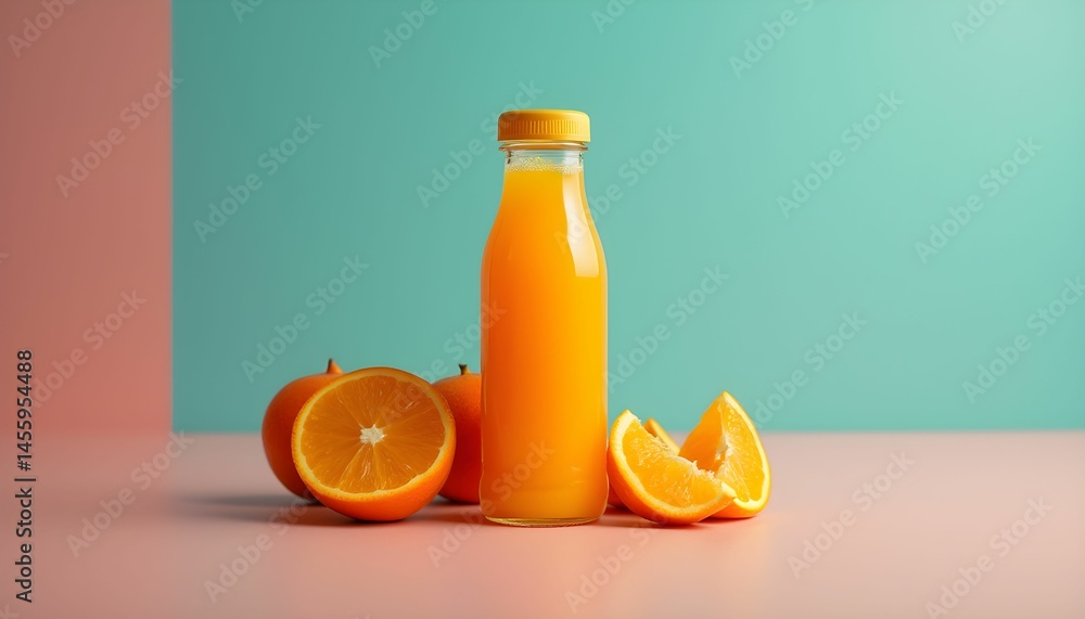 Naklejka premium Freshly squeezed orange juice bottle surrounded by whole and sliced oranges on a pastel-colored surface Generative AI
