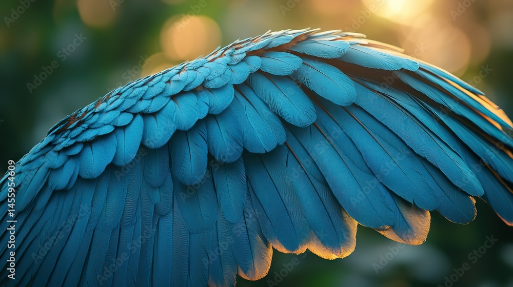 Fototapeta premium Teal feathers adorn the wings of an exotic bird, showcasing nature's vibrant palette in a tropical paradise.