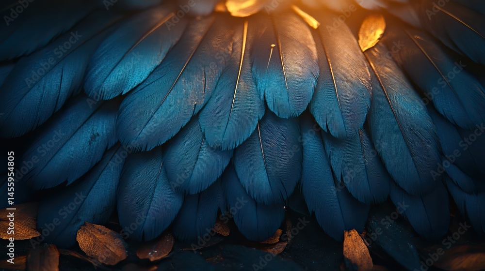 Obraz premium Teal feathers drift down from an unseen avian creature, landing softly on a carpet of fallen cinnamon bark.