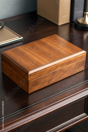 Mockup of premium tobacco chest on rich wooden table with stylish humidor for classic luxury branding scene