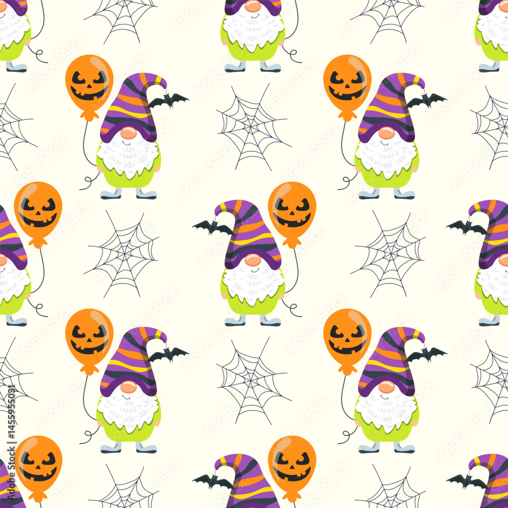 Obraz premium Funny gnomes in Halloween costumes celebrate the holiday. Cartoon scandinavian, seamless pattern