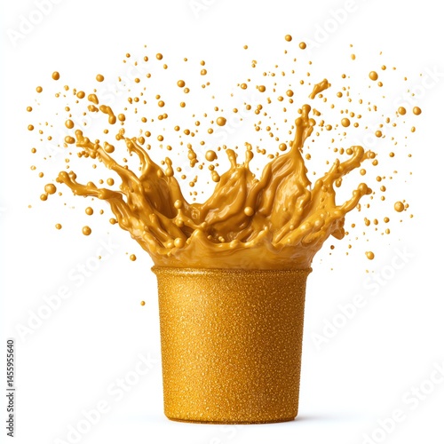 Liquid Gold Explodes from Cup, a vibrant splash of golden energy against a stark white background. The texture is glossy and smooth.