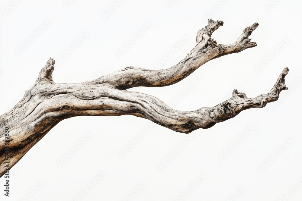 Isolated weathered branch with light gray color against a bright backdrop Isolated weathered branch with light gray color against a bright backdrop