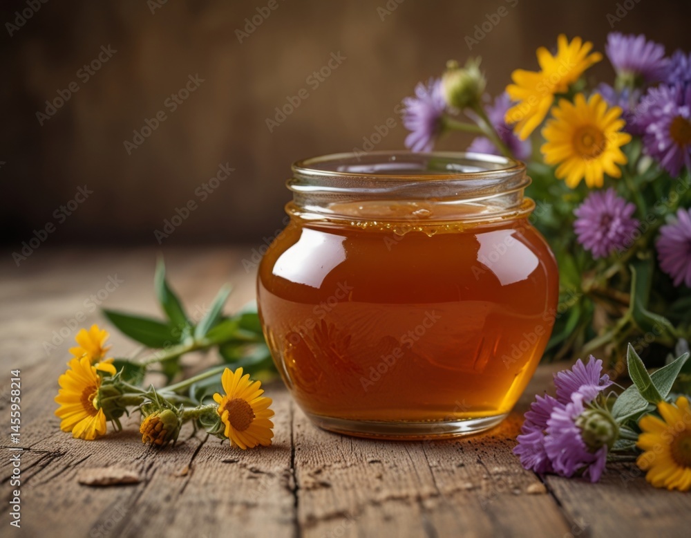 jar of honey against the background of a vase of wild flowers jar of honey against the background of a vase of wild flowers