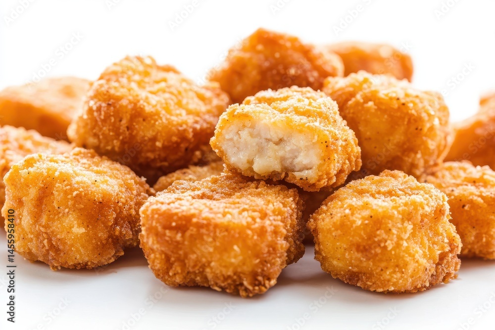 Close up of a pile of golden fried chicken nuggets on a white surface top Close up of a pile of golden fried chicken nuggets on a white surface top