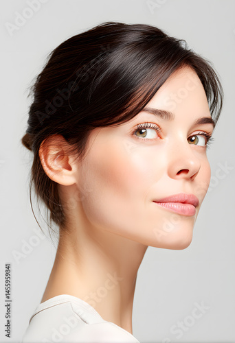Studio portrait of the beautiful smiling woman on white background. Close-up photo of adorable woman