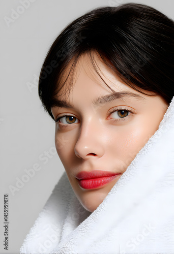 Studio portrait of the beautiful smiling woman on white background. Close-up photo of adorable woman