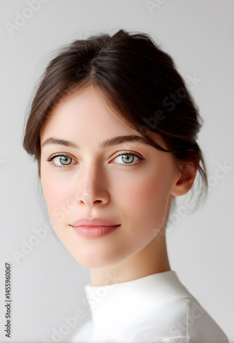 Studio portrait of the beautiful smiling woman on white background. Close-up photo of adorable woman