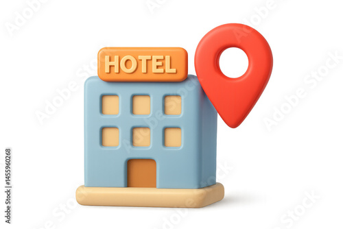 3d hotel icon with location pin symbol of travel and accommodation