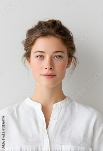 Studio portrait of the beautiful smiling woman on white background. Close-up photo of adorable woman