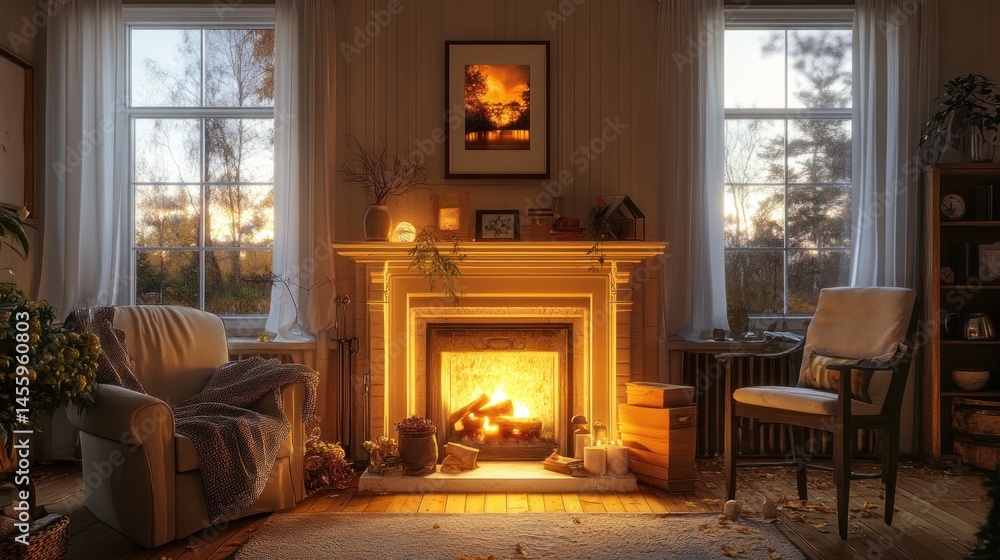 Cozy Autumn Evening by the Fireplace: A Warm and Inviting Living Room Scene Cozy Autumn Evening by the Fireplace: A Warm and Inviting Living Room Scene