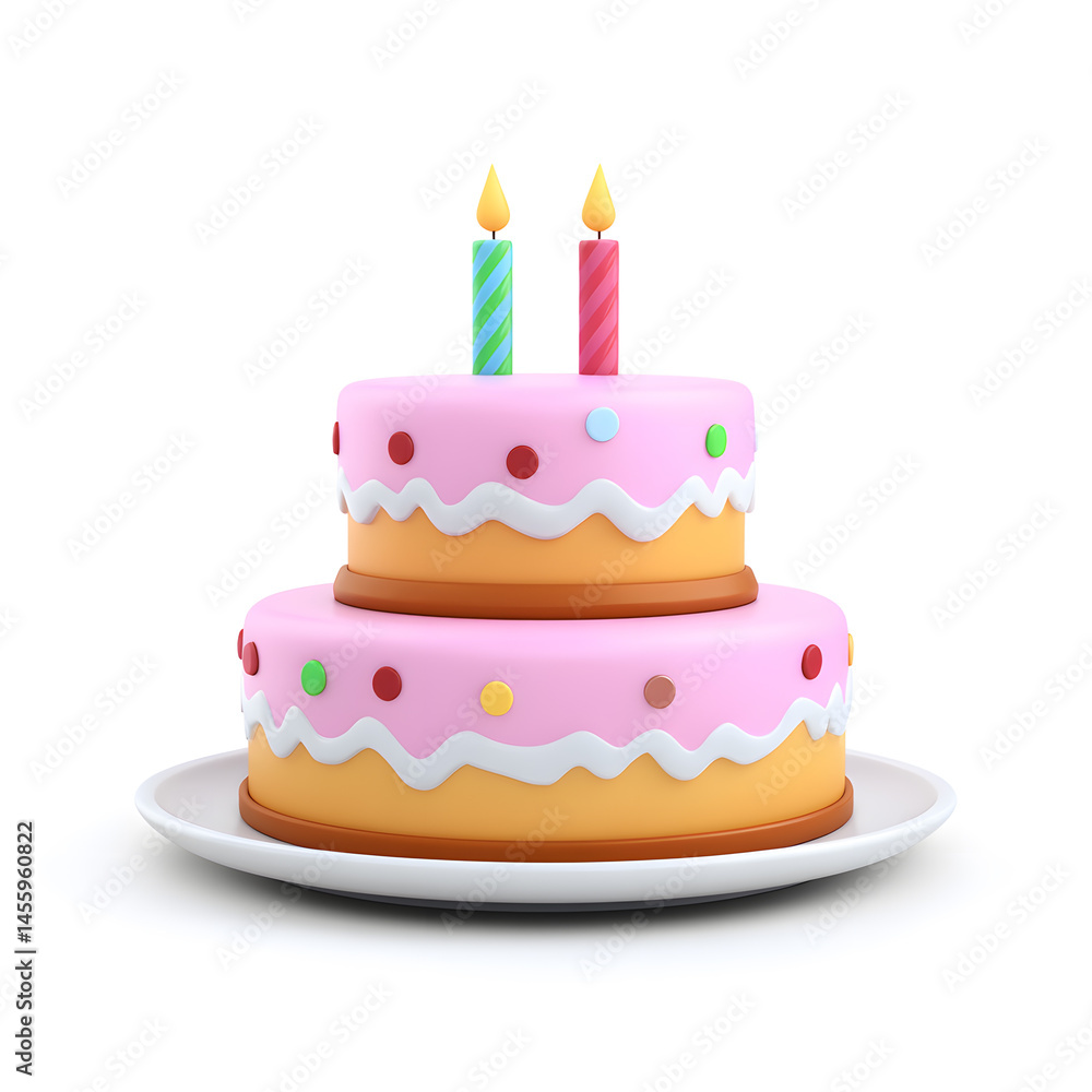 3d cartoon birthday cake with candles on white plate, isolated on white background 3d cartoon birthday cake with candles on white plate, isolated on white background