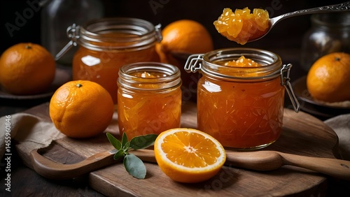 Delicious homemade orange marmalade in jars with fresh oranges on a wooden board during a cozy kitchen moment Generative AI