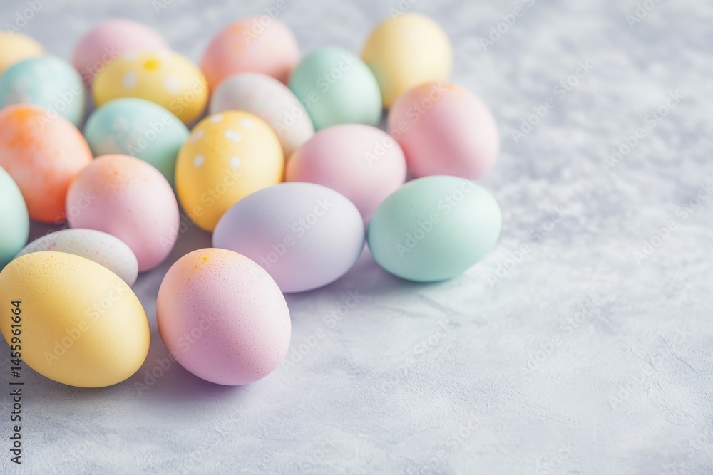 Colorful pastel Easter eggs arranged on a light textured background, evoking a cheerful and festive springtime mood Colorful pastel Easter eggs arranged on a light textured background, evoking a cheerful and festive springtime mood