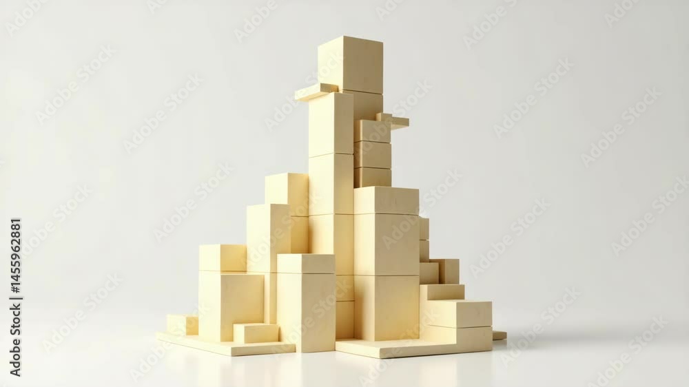 A minimalist city skyline made of stacked beige wooden blocks, resembling modern skyscrapers. A minimalist city skyline made of stacked beige wooden blocks, resembling modern skyscrapers.