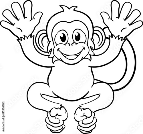 A monkey cute happy cartoon character animal waving with both hands