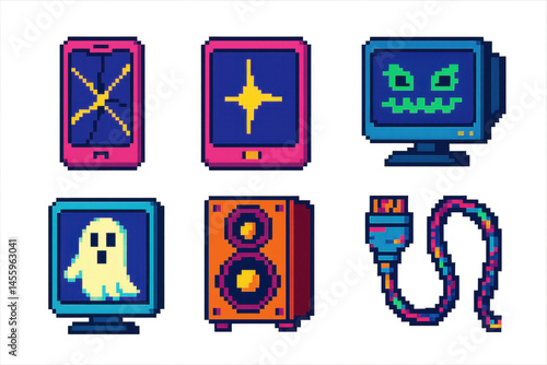 Retro pixel art icons: devices and symbols in vibrant colors