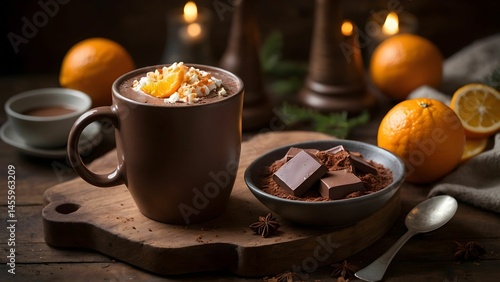 Warm orange hot chocolate served in a rustic mug with garnishes and chocolate on a wooden board beside fresh oranges and candles in a cozy setting Generative AI