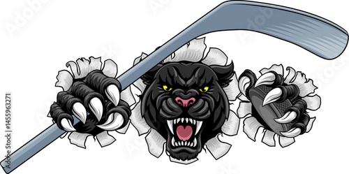 Black panther leopard or jaguar cat hockey sports team mascot holding an ice hockey puck and stick