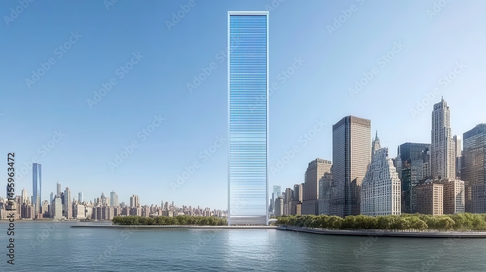 Naklejka premium Modern skyscraper architecture dominating the cityscape against a serene waterfront backdrop during bright sunny day in metropolitan city