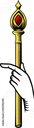 A hand holding a sceptre or scepter royal staff or wand in an engraved vintage woodcut retro tattoo style