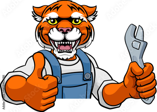 A tiger cartoon animal mascot plumber, mechanic or handyman builder construction maintenance contractor peeking around a sign holding a spanner or wrench and giving a thumbs up