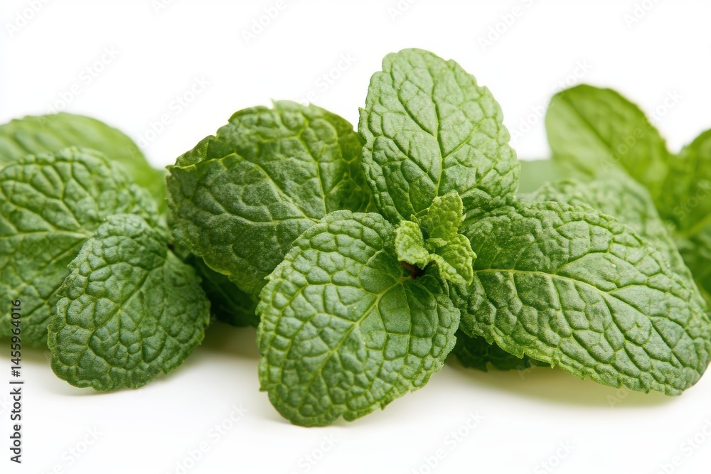 A close up view showing several fresh mint leaves against white surface A close up view showing several fresh mint leaves against white surface