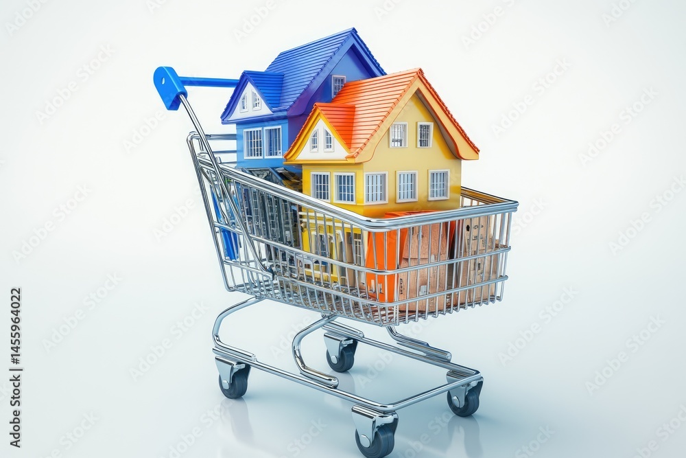 Miniature houses in a shopping cart, suggesting the buying or selling of homes. Miniature houses in a shopping cart, suggesting the buying or selling of homes.