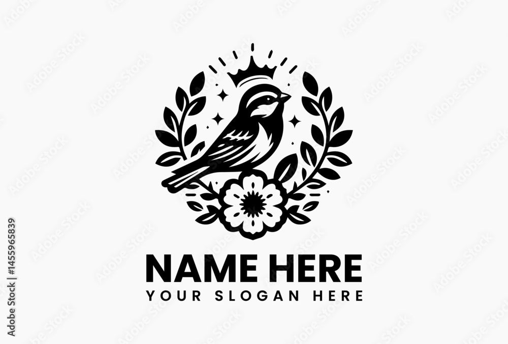 Obraz premium Cute cartoon sparrow with a golden crown and colorful flower accents in cheerful vector logo, symbolizing joy, lightness, and nature-friendly branding
