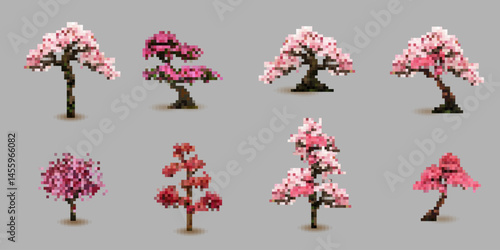 Blooming tree pixel art, sakura tree with flowers vector set