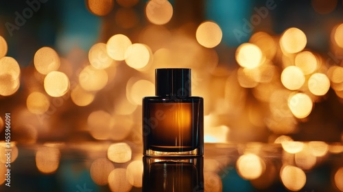 Perfume bottle on golden bokeh background