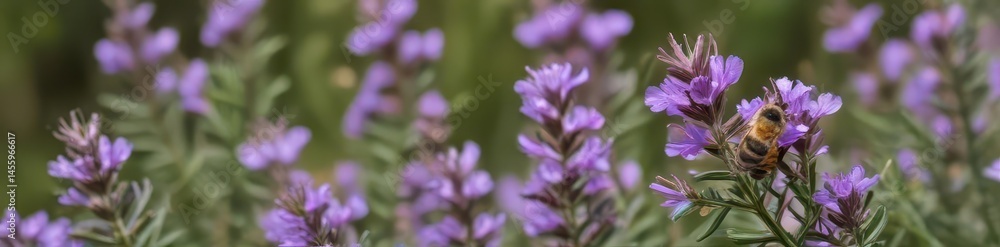 A bee pollinating purple rosemary flowers in a natural setting , texture, lavender A bee pollinating purple rosemary flowers in a natural setting , texture, lavender