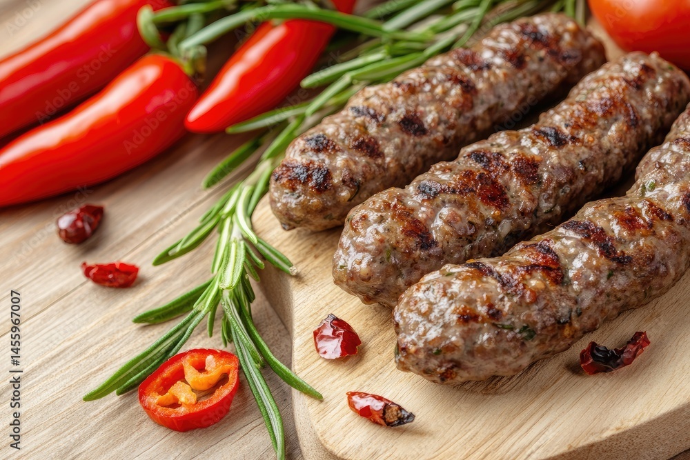 Grilled meat skewers, served with herbs and peppers, on a wooden board Grilled meat skewers, served with herbs and peppers, on a wooden board