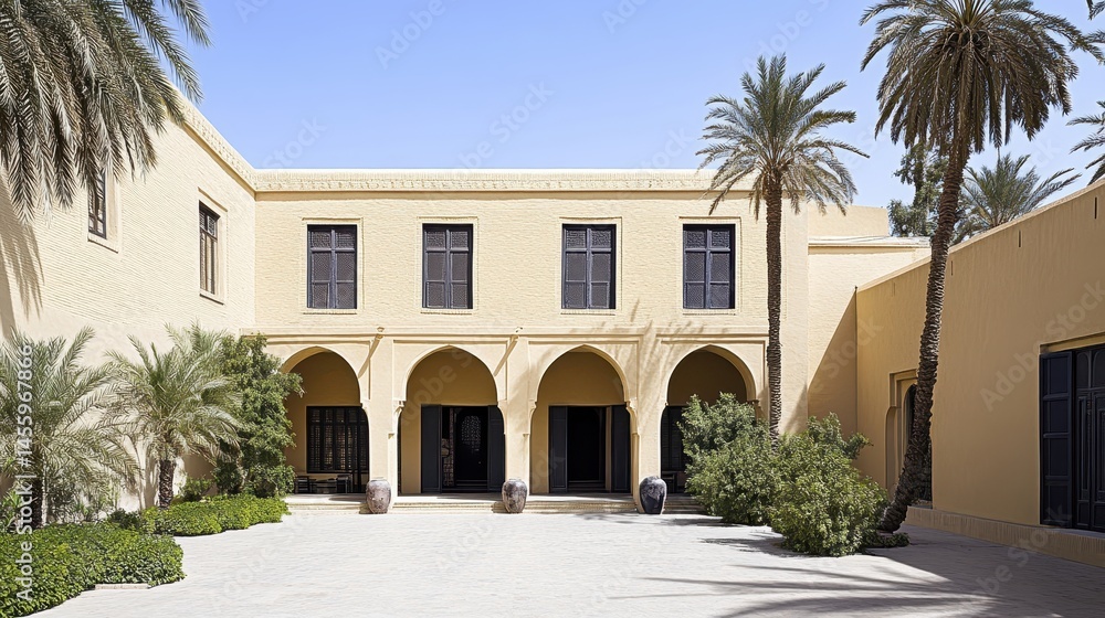 Fototapeta premium Serene courtyard oasis architectural tranquility desert retreat historic estate traditional building sunlit palms travel destination