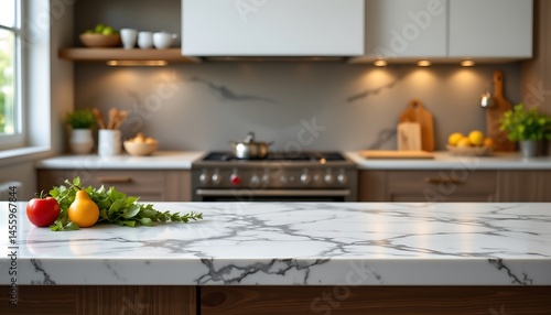 a luxurious table top counter mockup on a blurred kitchen background, featuring a sleek marble surface with subtle gray veins