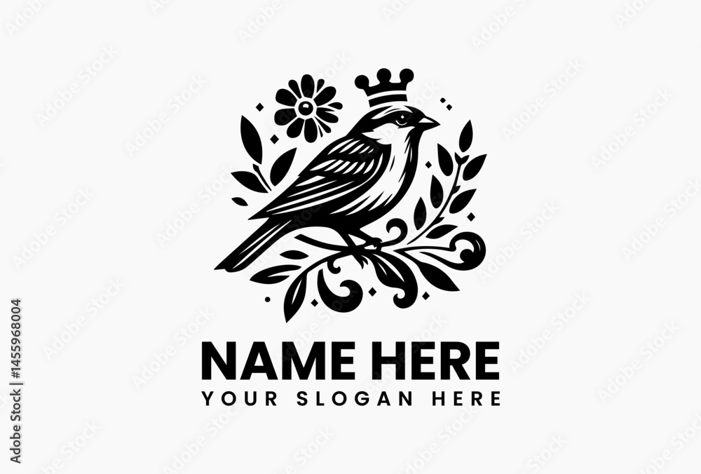 Cute cartoon sparrow with a golden crown and colorful flower accents in cheerful vector logo, symbolizing joy, lightness, and nature-friendly branding Cute cartoon sparrow with a golden crown and colorful flower accents in cheerful vector logo, symbolizing joy, lightness, and nature-friendly branding