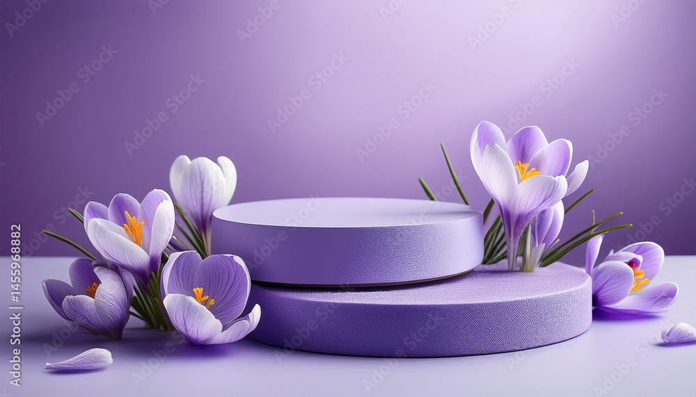 Springtime concept. Lilac empty podiums on lilac background with many crocus flowers. Generated image Springtime concept. Lilac empty podiums on lilac background with many crocus flowers. Generated image