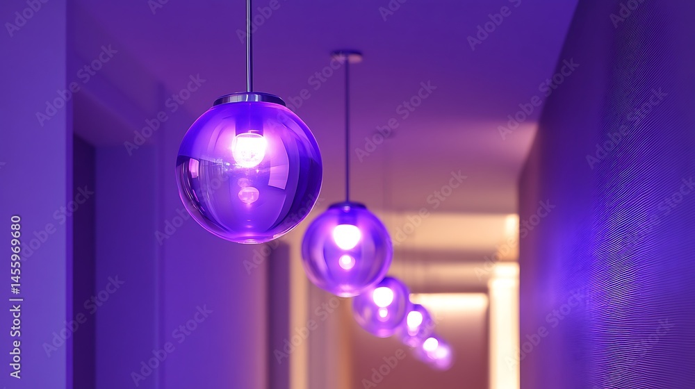 Fototapeta premium Illuminated Purple Spheres Hanging in Modern Interior – Futuristic Lighting Decor for Contemporary Spaces