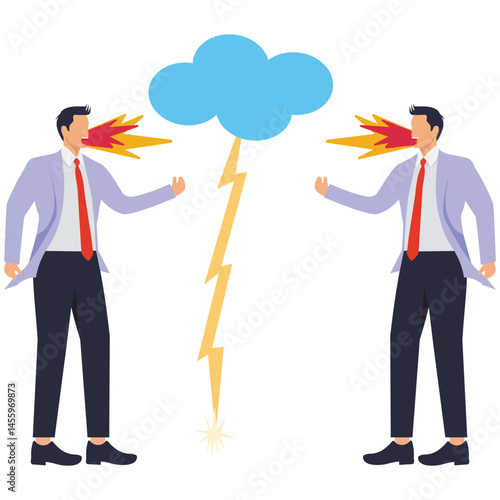 Conflict or hatred, anger, quarrel, debate, different ideas or opinions, two angry quarreling businessmen with flames shooting out of their mouths
