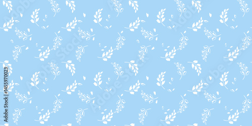 Elegant seamless vector pattern featuring delicate white botanical branches and scattered leaves on a soft blue background. Minimalistic pastel print and nature inspired for textiles, stationery