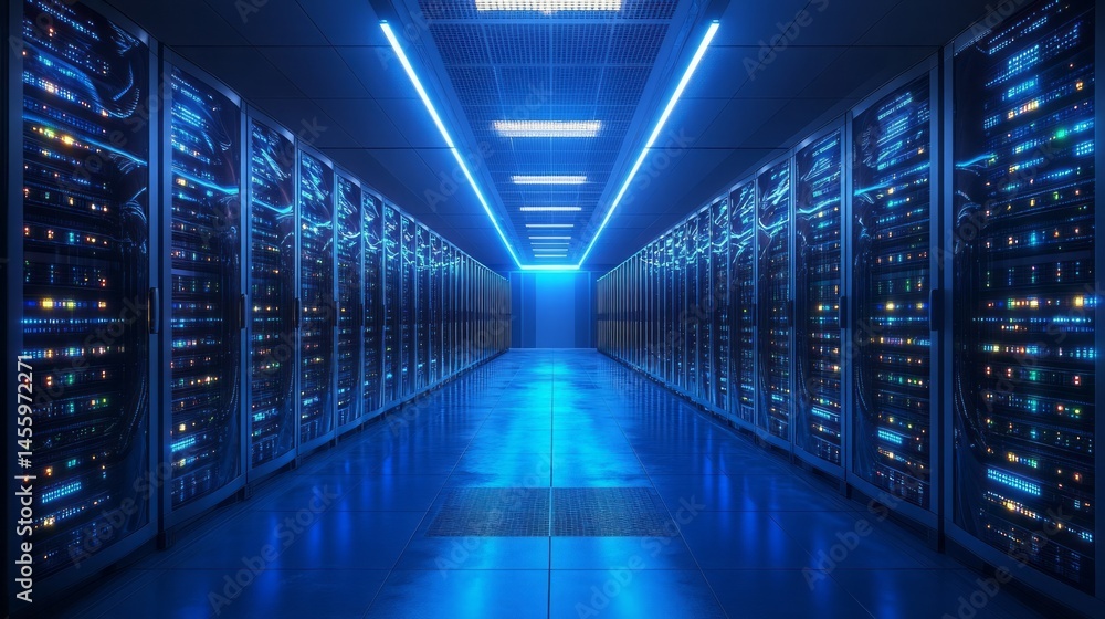 Futuristic server room interior, glowing with vibrant blue light. Futuristic server room interior, glowing with vibrant blue light.