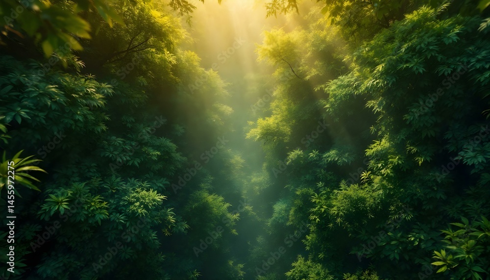 Fototapeta premium Sunlight Streaming Through Lush Green Forest Canopy