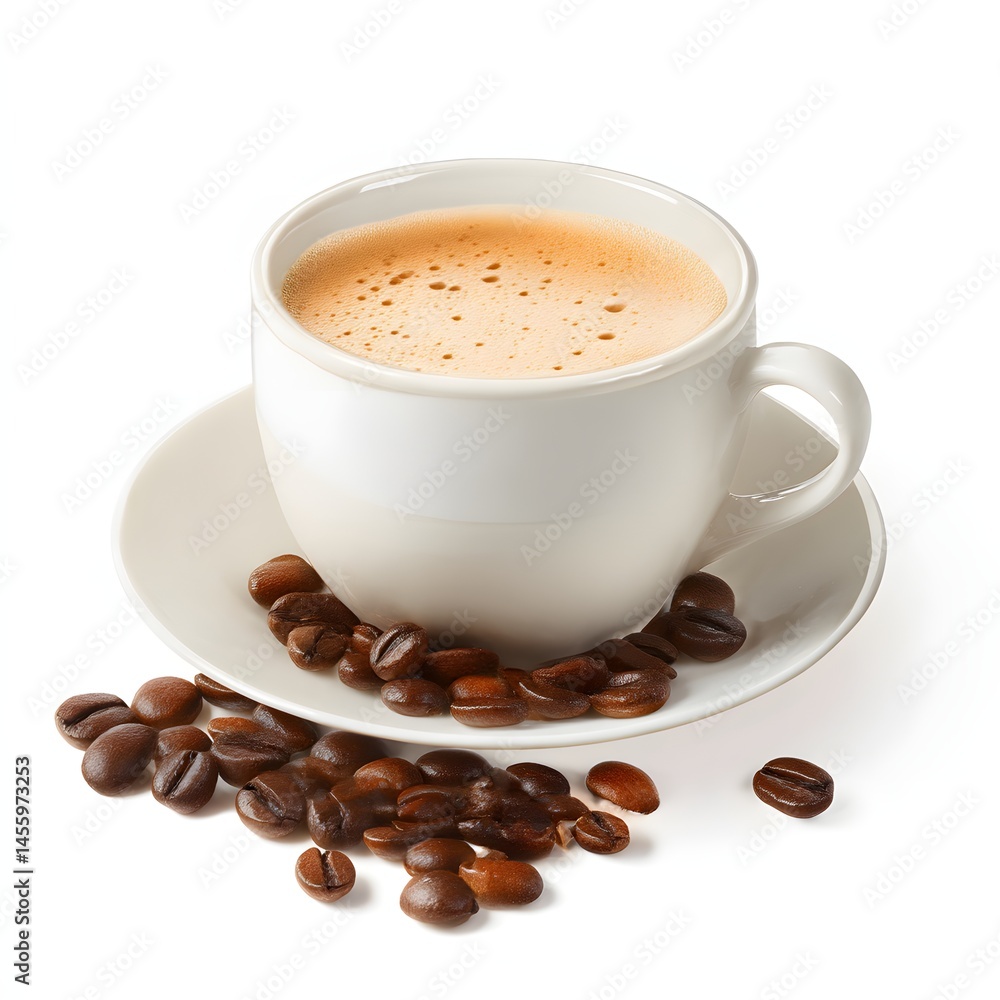 Obraz premium Isolated image of a coffee cup with frothy cappuccino and scattered beans perfect for café branding, morning beverage ads, product packaging, or social media posts targeting coffee enthusiasts.