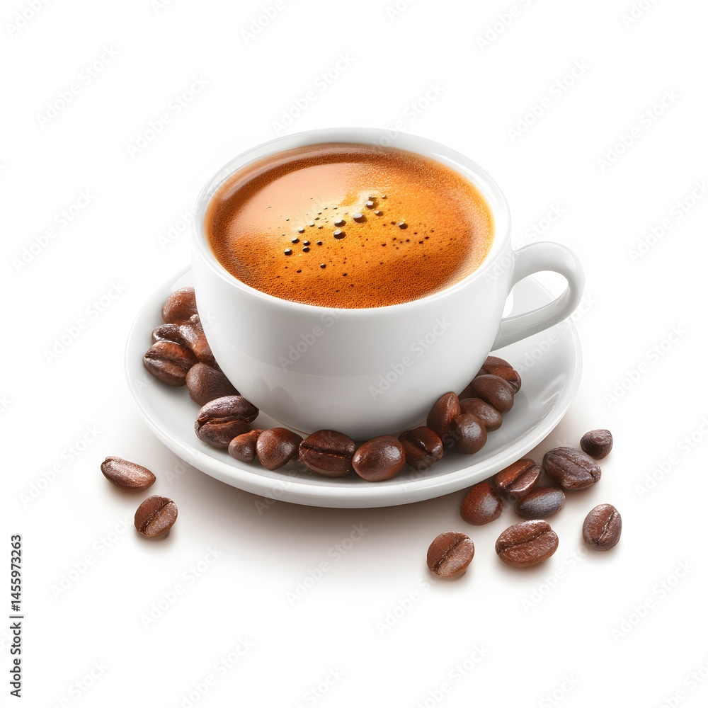 Isolated image of a coffee cup with frothy cappuccino and scattered beans perfect for café branding, morning beverage ads, product packaging, or social media posts targeting coffee enthusiasts. Isolated image of a coffee cup with frothy cappuccino and scattered beans perfect for café branding, morning beverage ads, product packaging, or social media posts targeting coffee enthusiasts.