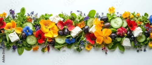 Wallpaper Mural Edible flowers and salad ingredients assemble aesthetically pleasing arrangement using cucumber slices, feta cheese, and black olives. Torontodigital.ca