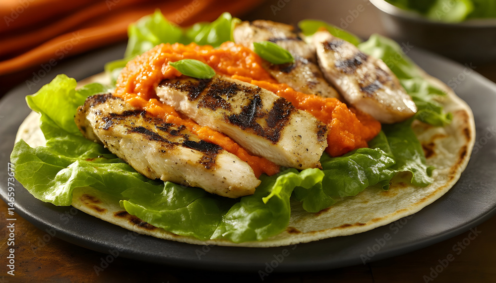 Grilled chicken wrap with lettuce and carrot purée Grilled chicken wrap with lettuce and carrot purée