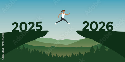 woman jumping over a cliff from 2025 to 2026 vector ilustration
