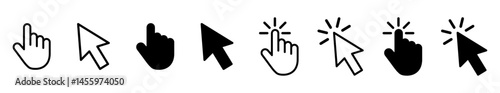 Vector set of hand and arrow cursor icons in outline and filled styles, ideal for UI, UX design, web interfaces, and app development. Includes click, hover, and pointer states. Icon, cursor, click.