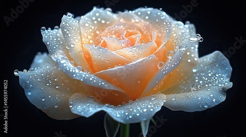 Water droplets cling to the delicate petals of a rose, their spherical forms magnifying the flower's beauty.