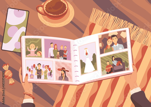 Family photo album on table. Woman hands holding old photographs. Photography with happy people. Good memory. Vector illustration in cartoon style